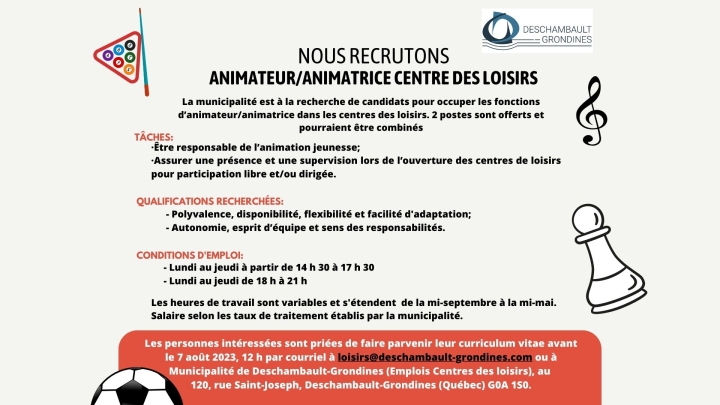 Nous recrutons! Animateur/animatrice centre des loisirs